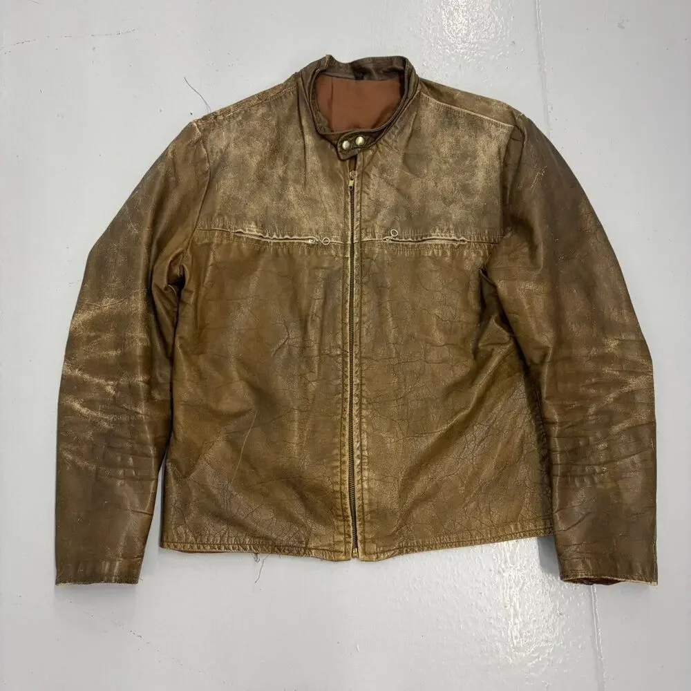 Vintage 70s Brown Distressed Cafe Racer Leather Jacket
